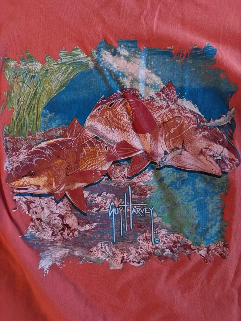 Guy Harvey Men's Orange Graphic Fishing T-Shirt Coastal Summer Size L - Picture 1 of 5